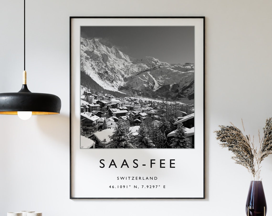 Saas Fee Switzerland Ski Town Alpine Monochrome Photo Poster