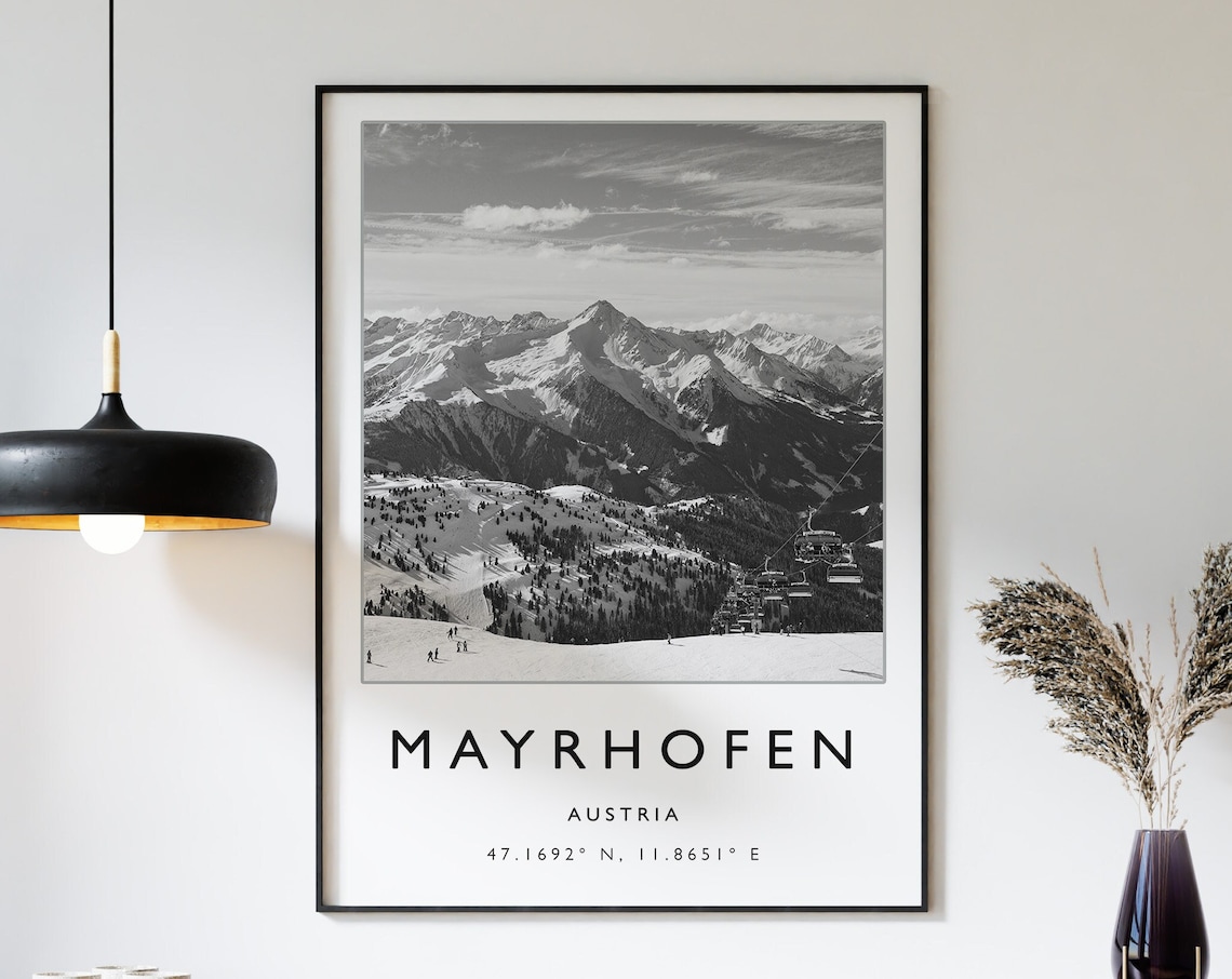 Mayrhofen Austria Snowy Alps Ski Lift Monochrome Photo Poster