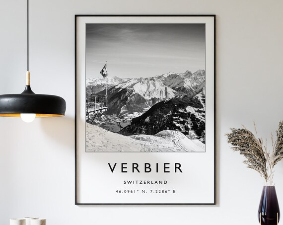 Verbier Switzerland Skiing Travel Poster, Winter Sport Art