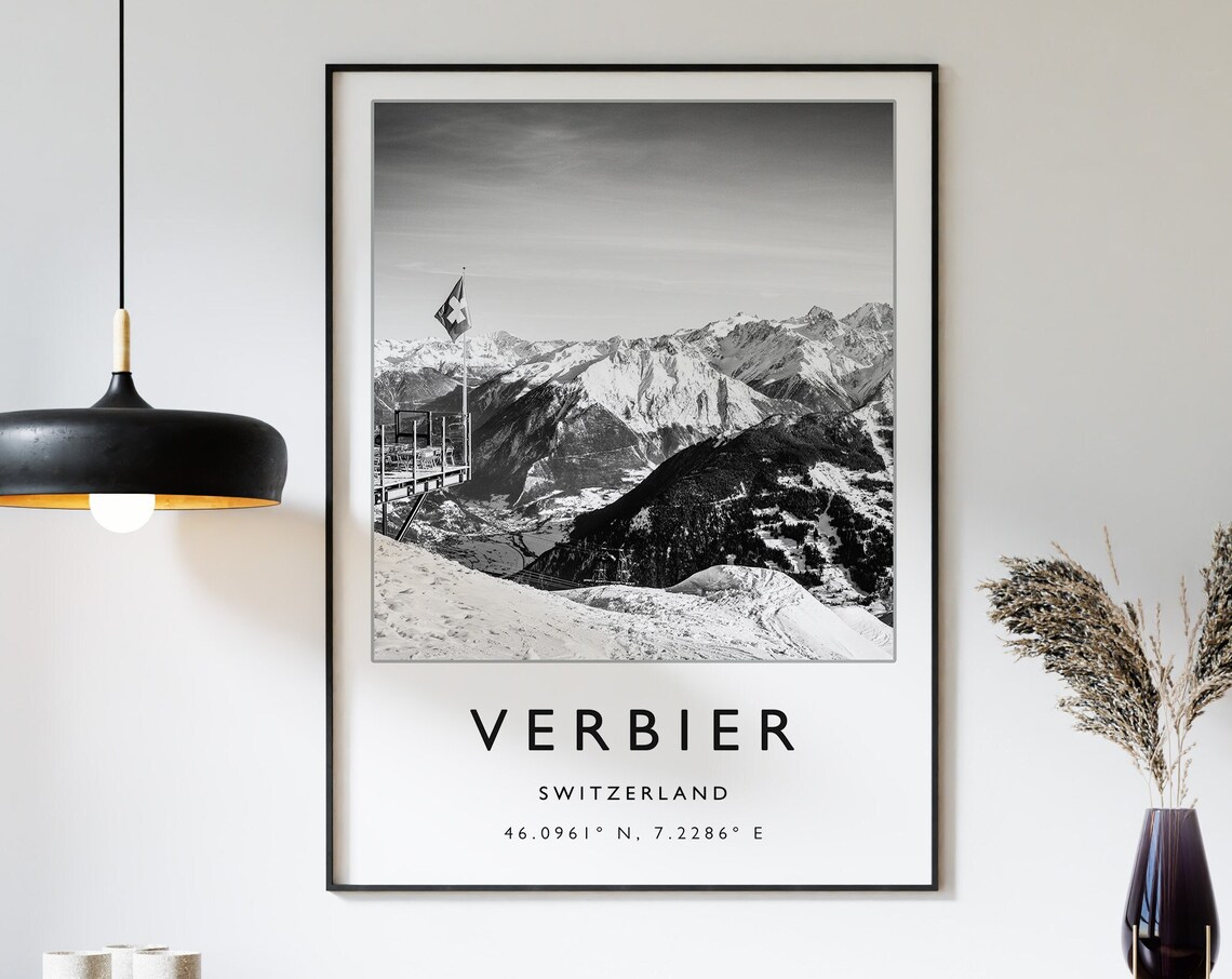 Verbier Switzerland Skiing Travel Poster, Winter Sport Art