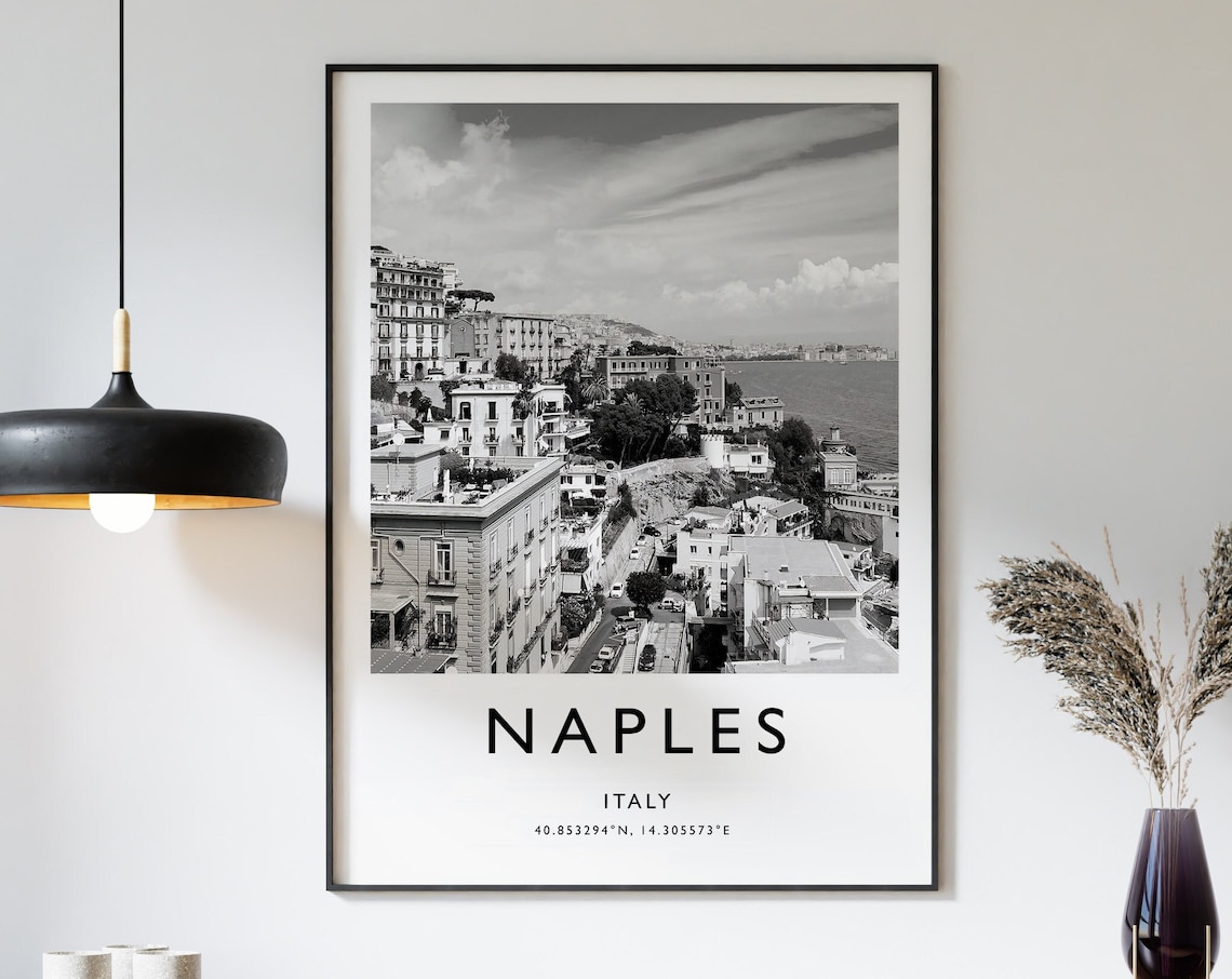 Naples Italy Coastal City Bay Black White Photo Travel Poster