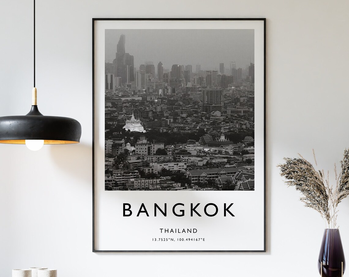 Bangkok Thailand Black and White City Skyline Travel Collection Poster
