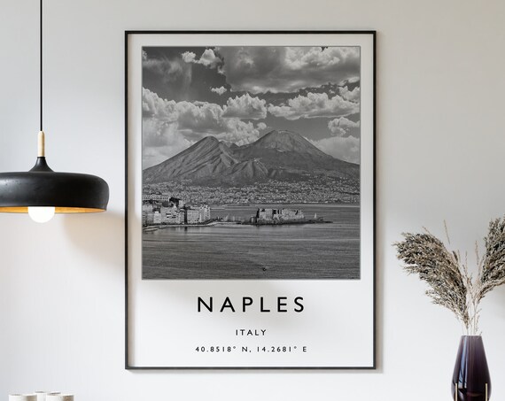 Naples Italy Travel Poster, Black And White Art Print
