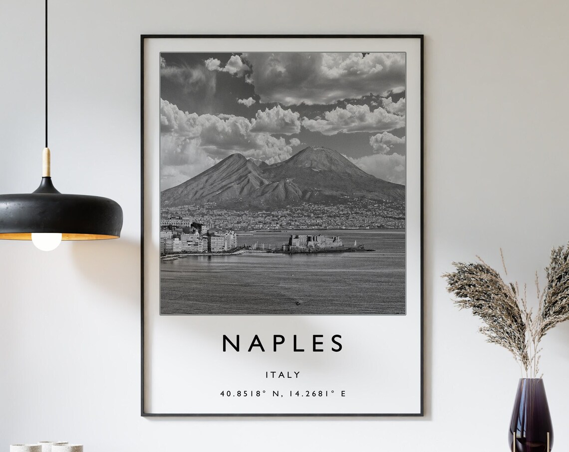 Naples Italy Travel Poster, Black And White Art Print