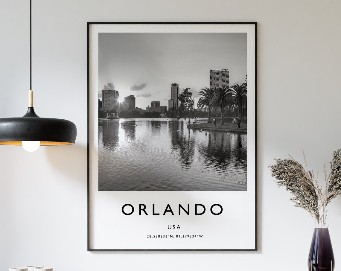 Orlando USA Downtown Skyline Sunset Lake Black White Photo Poster