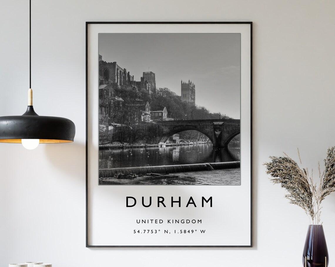 Durham United Kingdom Black And White Travel Poster River View