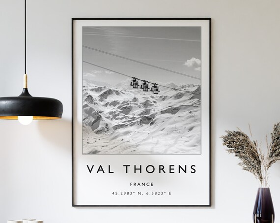 Val Thorens France Ski Lift Cables Snow Peaks Monochrome Poster