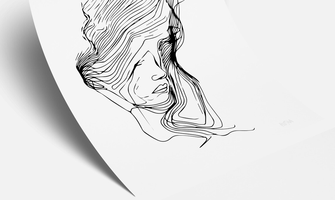 Minimalist Woman Face Line Art Flowing Hair Ink Drawing Poster - Image 4
