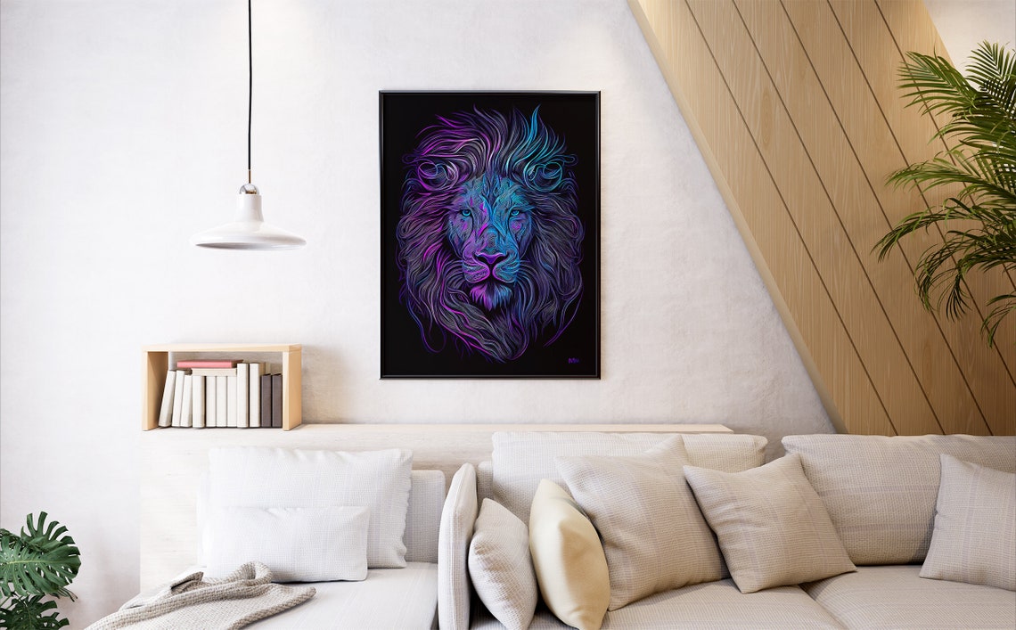 Neon Blue Lion Head Glowing Line Art on Black Background Wall Art - Image 7