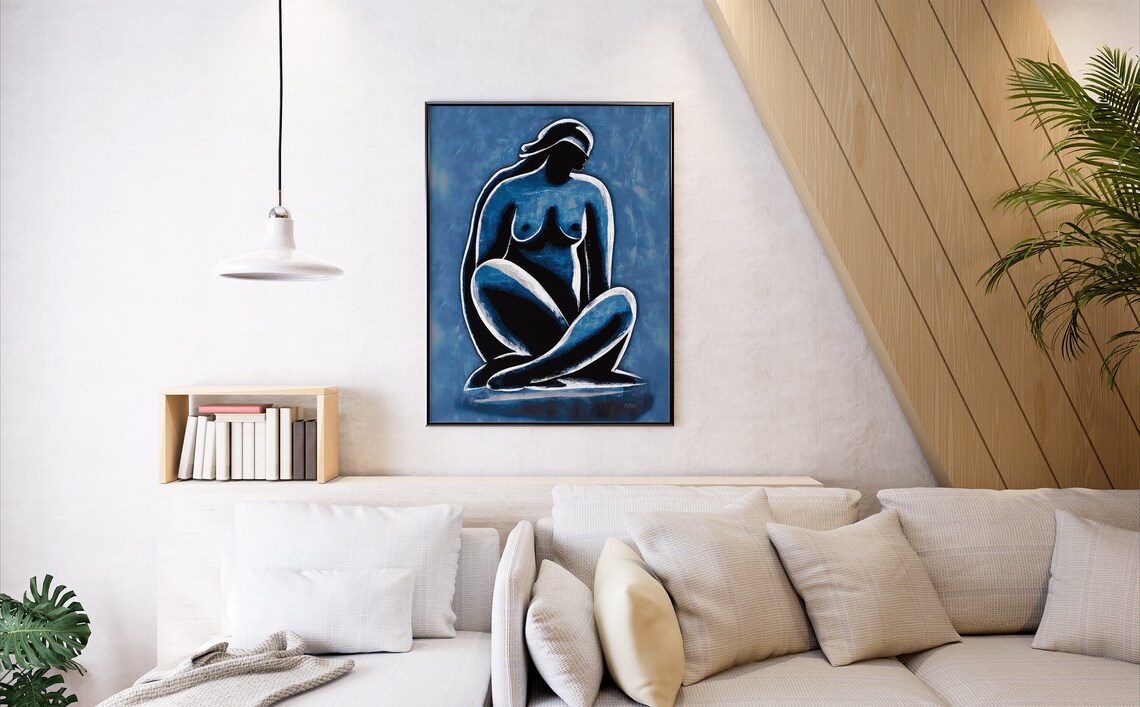 Blue Nude Silhouette Seated Woman Figurative Art Painting Poster - Image 7