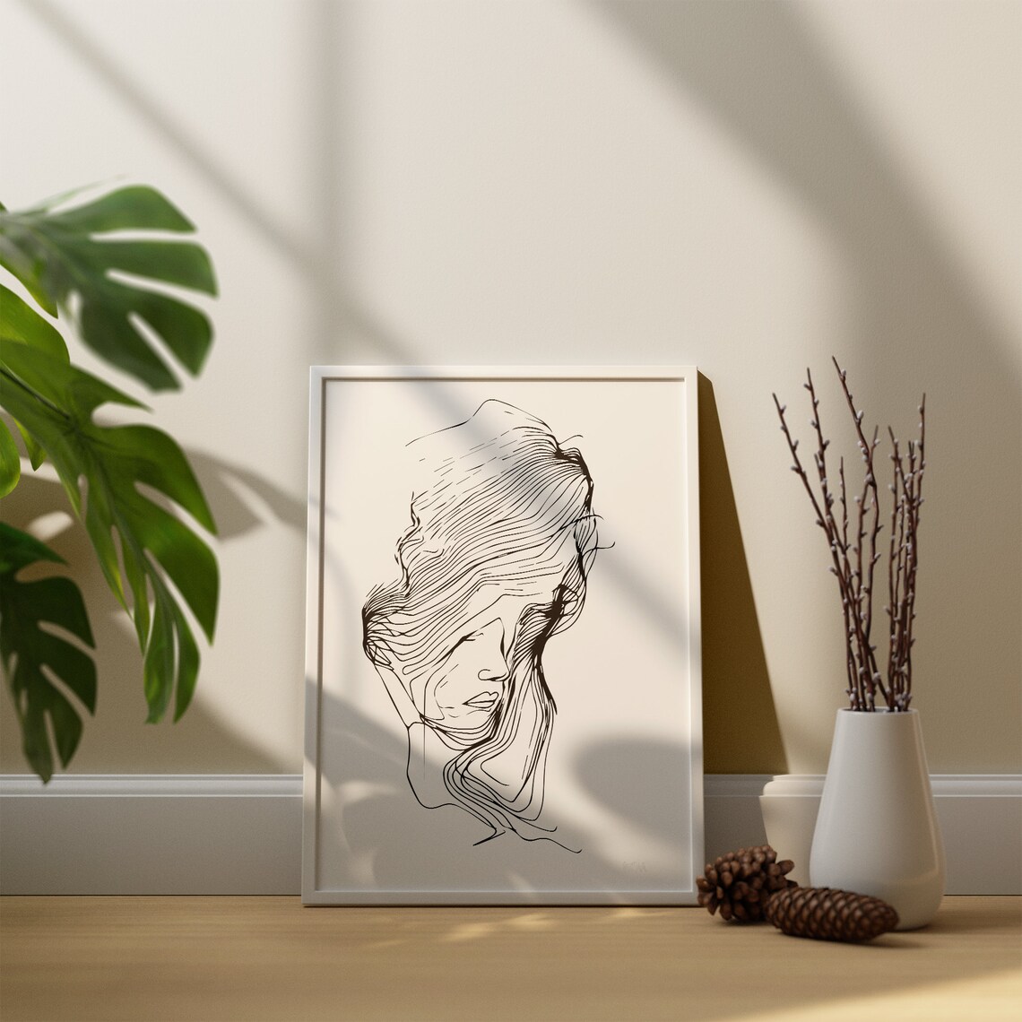 Minimalist Woman Face Line Art Flowing Hair Ink Drawing Poster - Image 2