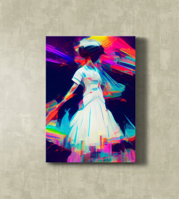 Neon Dancer in White Dress Vibrant Motion Art Painting Poster