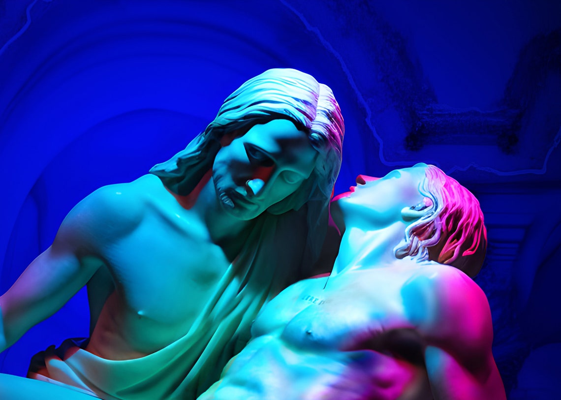 Divine Radiance Colorful Neon Michelangelos Pieta Wall Art Print Renaissance Home Dcor Classical Art - Image 2