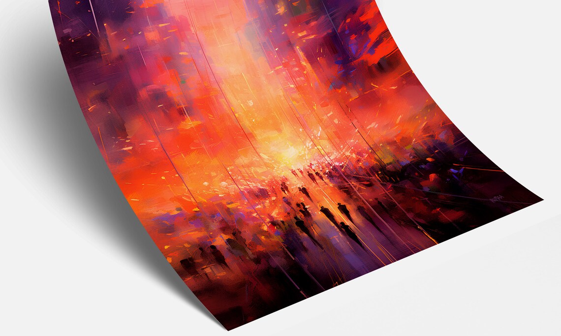 Abstract Orange Sunset City Crowd Street Oil Painting Art Poster - Image 3