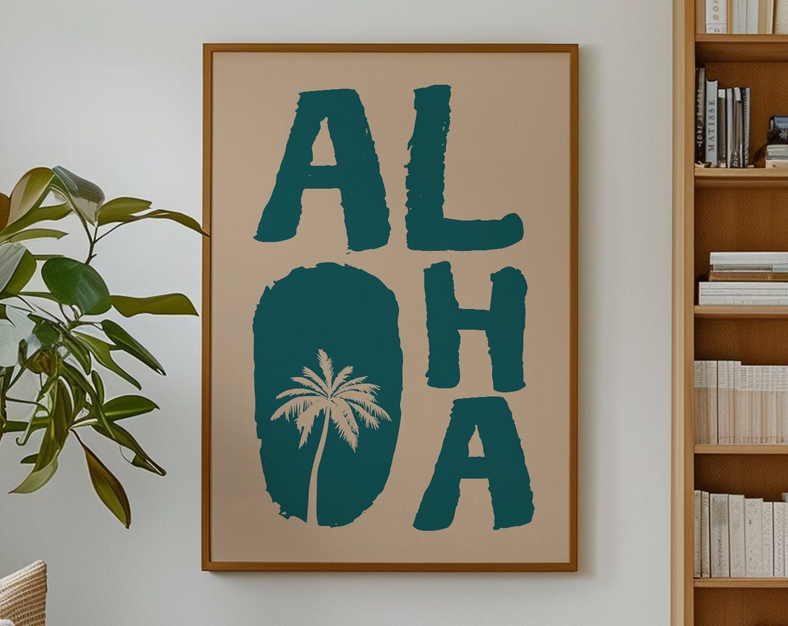 Aloha Palm Tree Teal Block Letters Tropical Beach House Art Poster