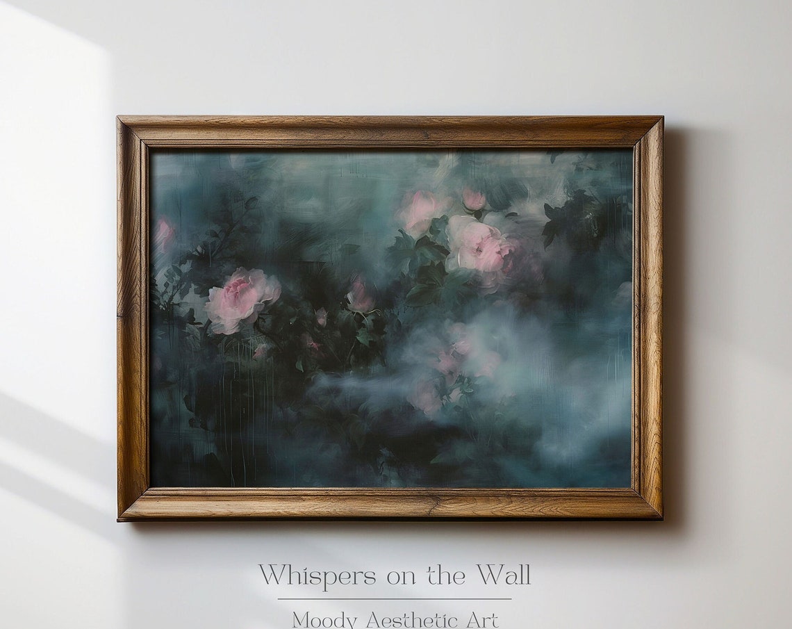 Soft Pink Impressionistic Floral Abstract on Dark Green Moody Poster - Image 6