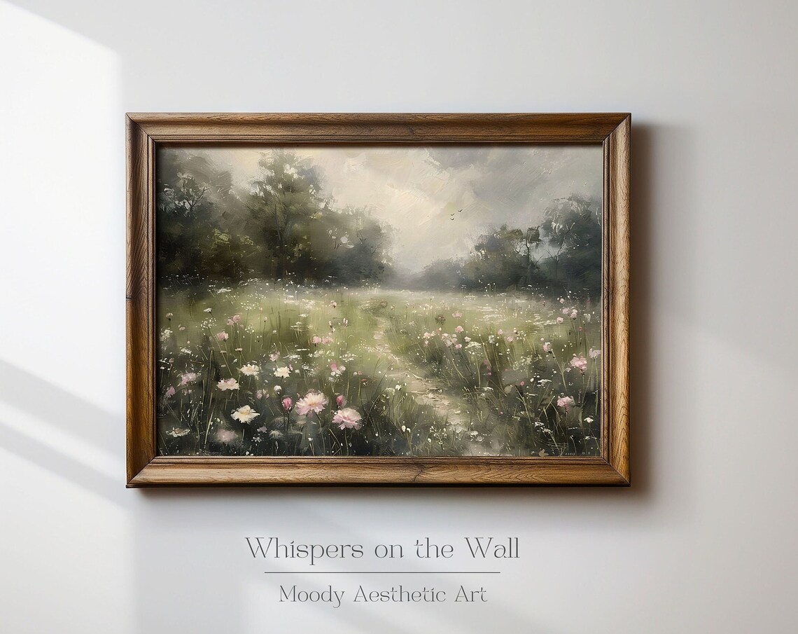 Misty Wildflower Meadow Path Vintage Landscape Painting Poster