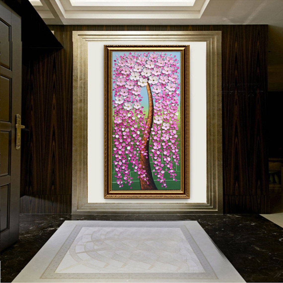 Weeping Pink White Cherry Blossom Tree Green Blue Oil Poster - Image 4