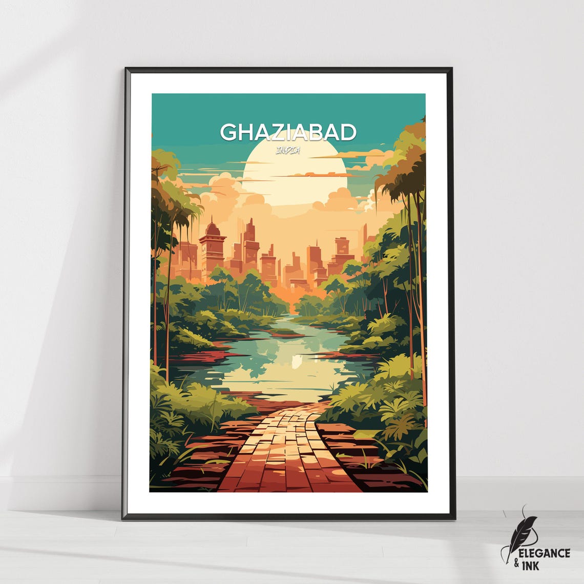 Ghaziabad India Sunset River Palm Pathway Vintage Travel Poster
