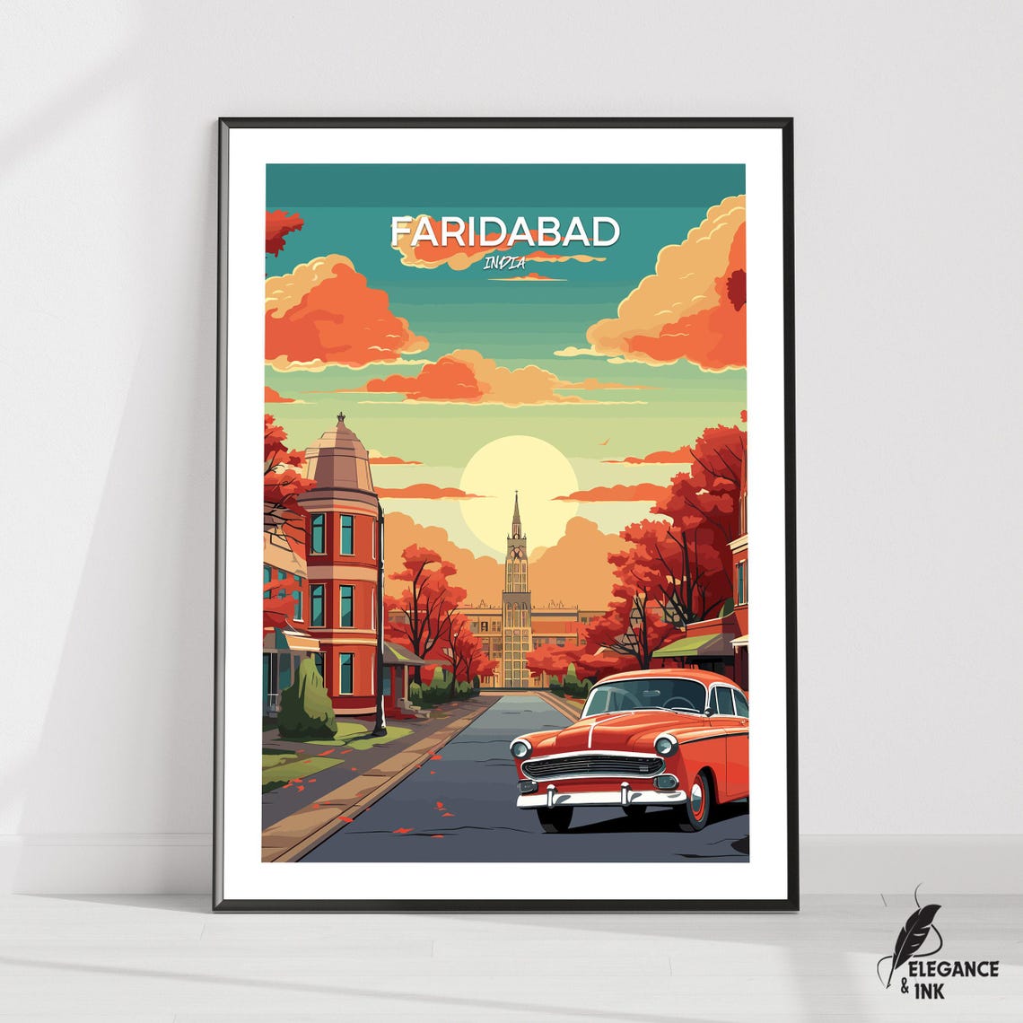 Faridabad India Golden Sunset Avenue Classic Car Travel Poster