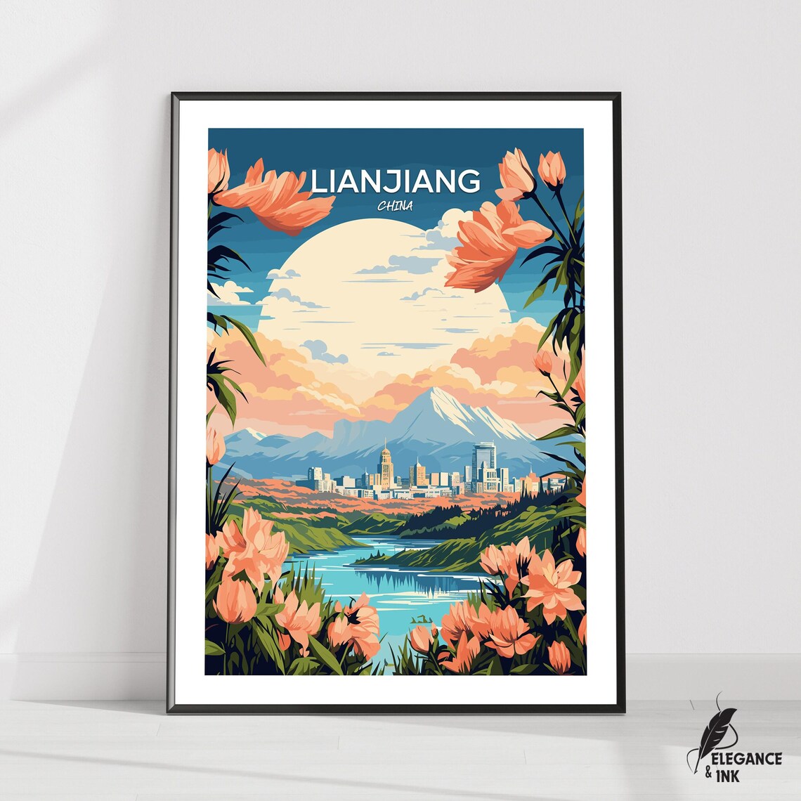 Lianjiang China Floral Framed Mountain City Colorful Travel Poster