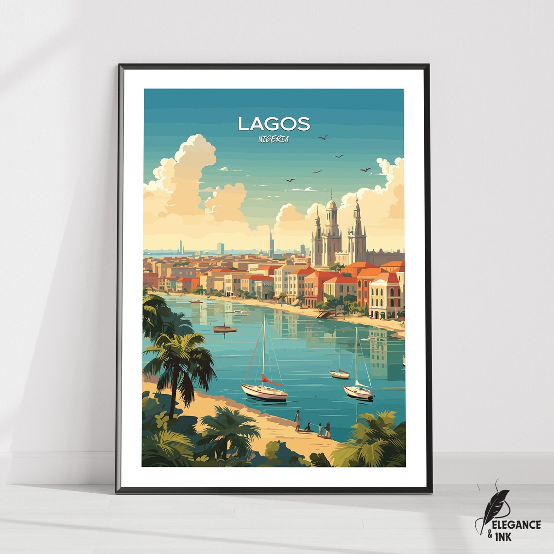 Lagos Nigeria Harbor Sailboats Palm Beach Colorful Travel Poster