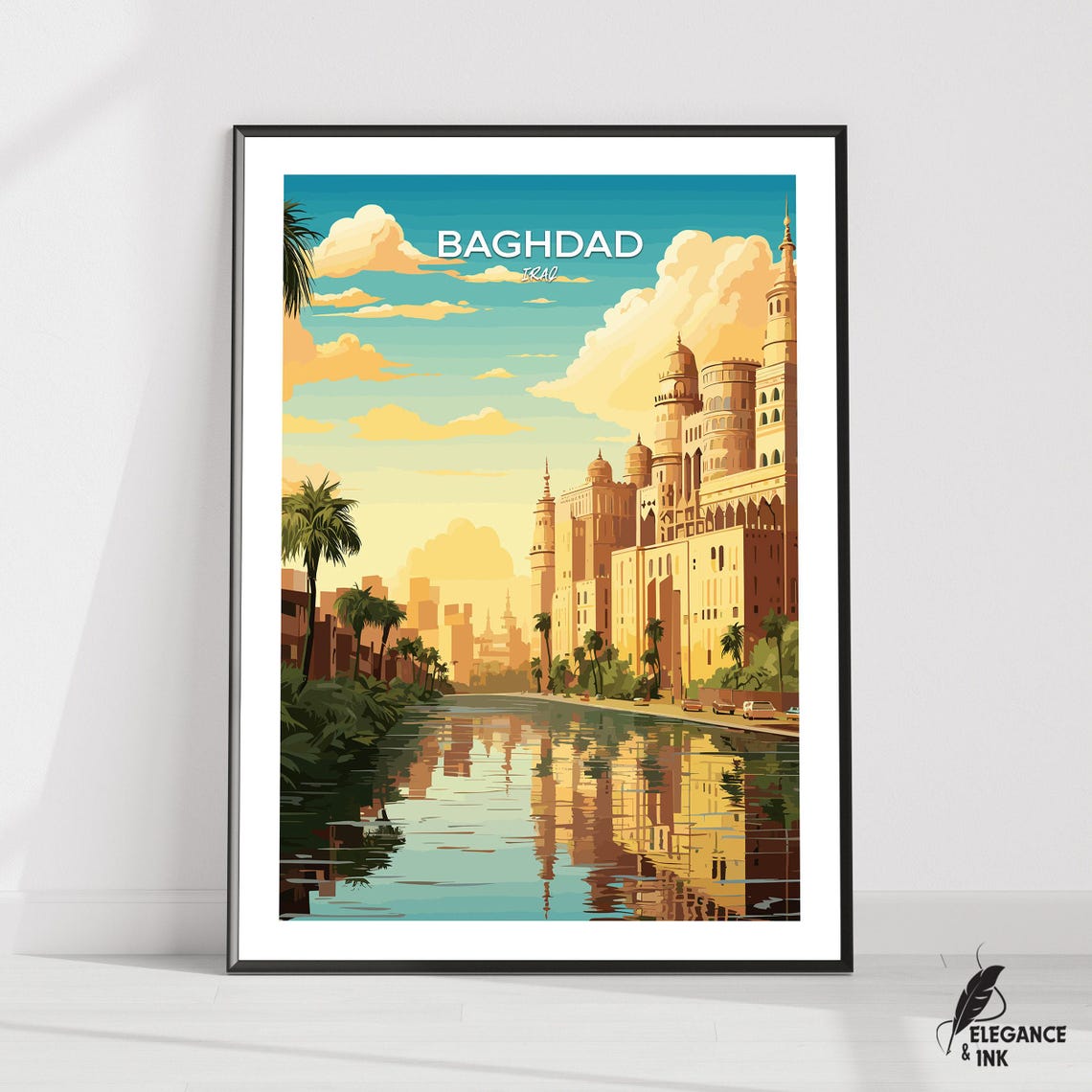 Baghdad Iraq River Palms Sunset White Title Vintage Travel Poster