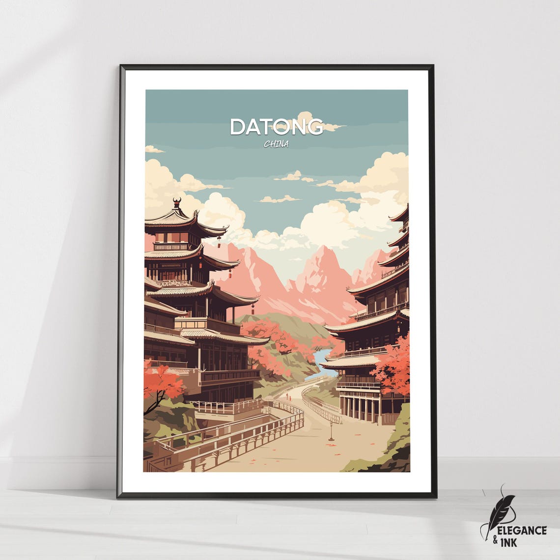 Datong China Ancient Pagoda Autumn Mountain Valley Travel Poster