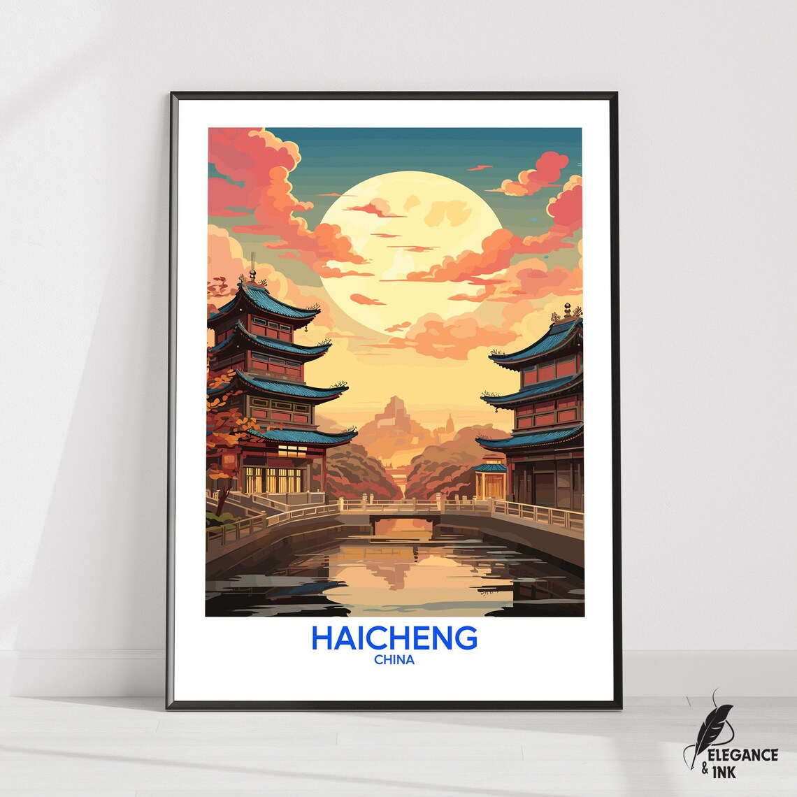 Haicheng China Blue Sky Pagoda Lake View Vintage Travel Poster