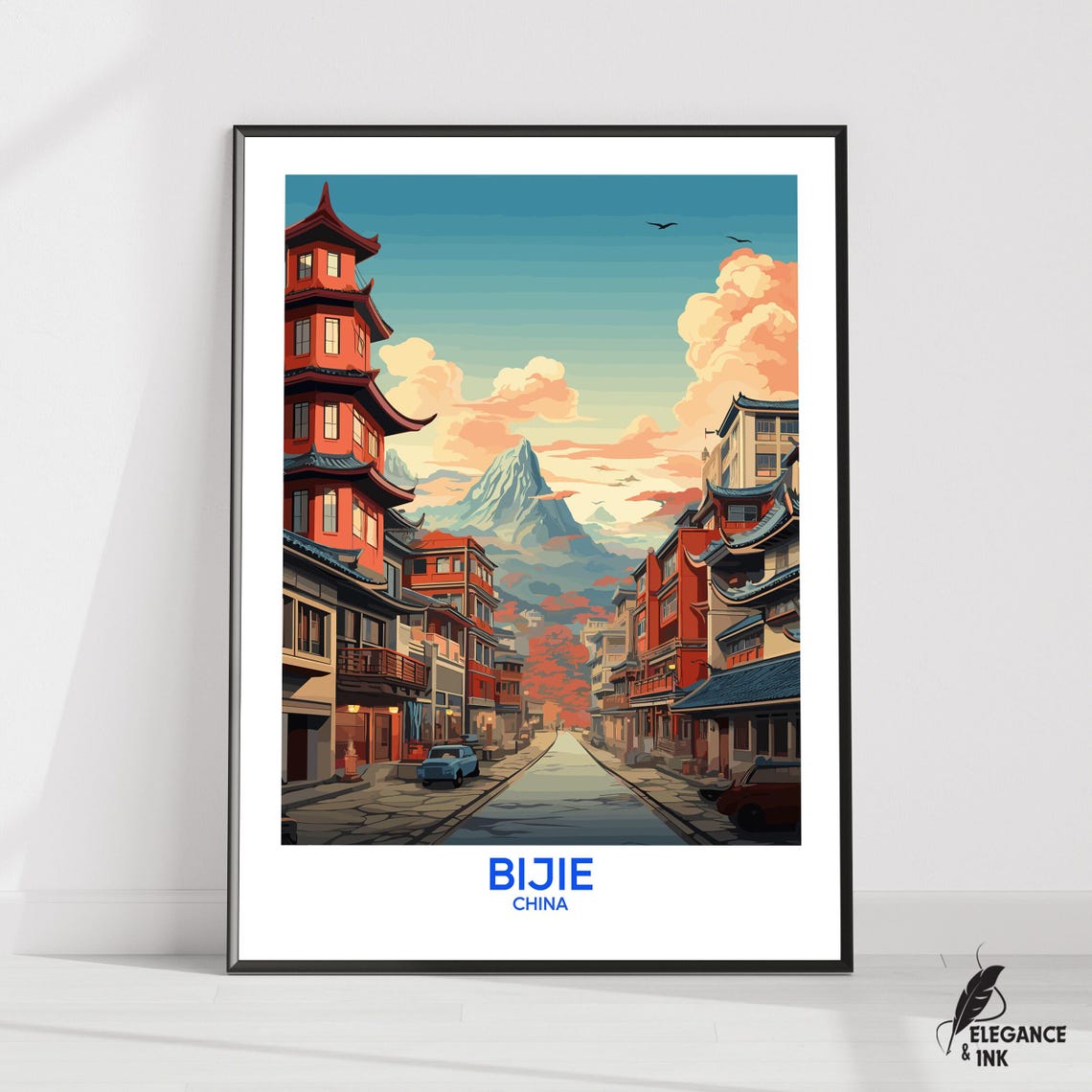 Bijie China Pagoda Street Mountain Sunset Vintage Travel Poster
