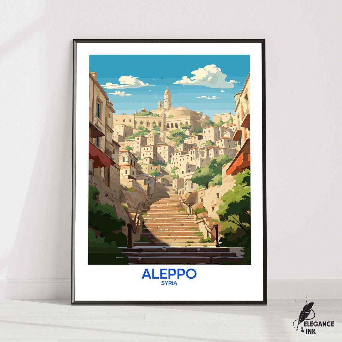 Aleppo Syria Old Stone Stairway and Citadel Travel Illustration Poster