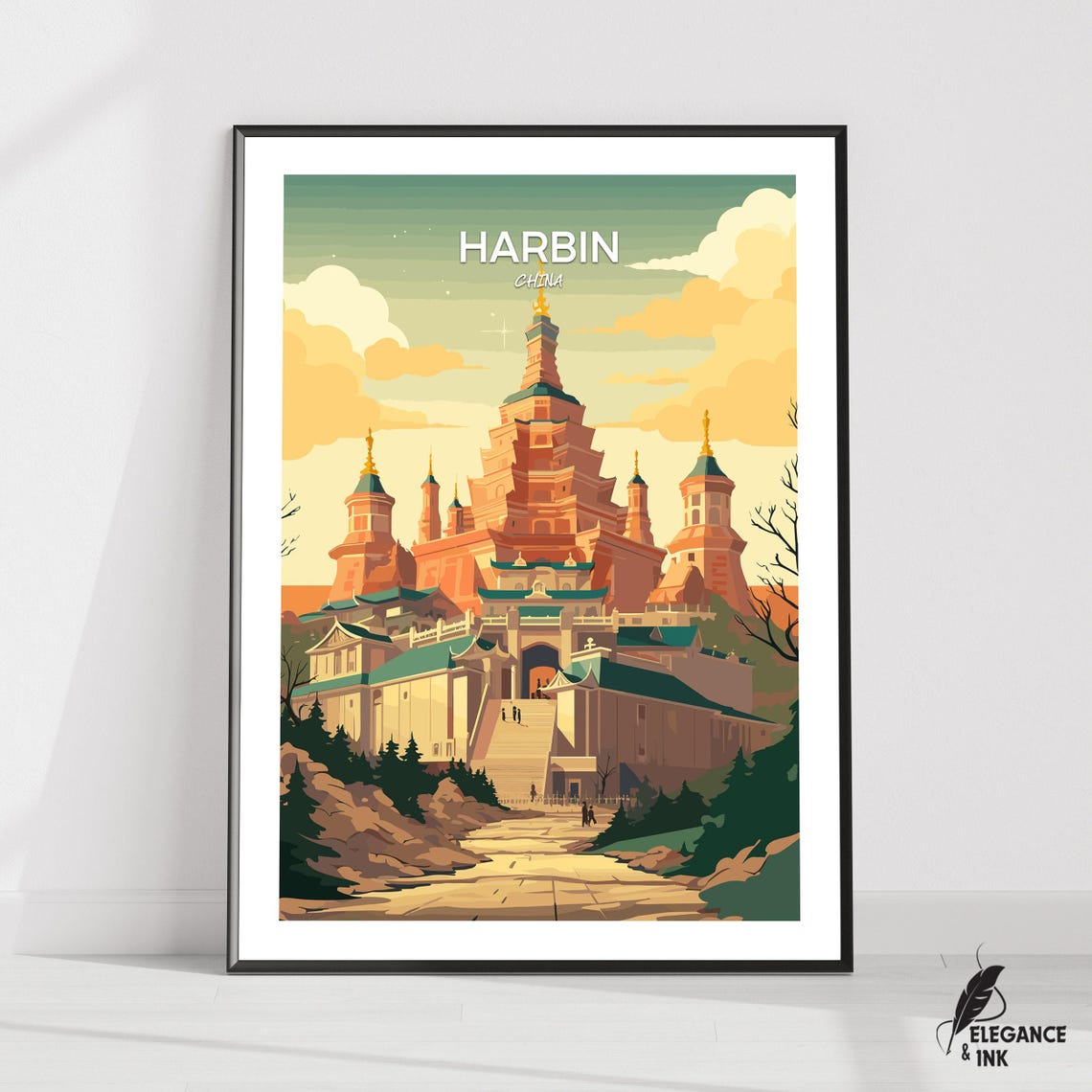 Harbin China Golden Pagoda Temple Sunset Vector Travel Poster