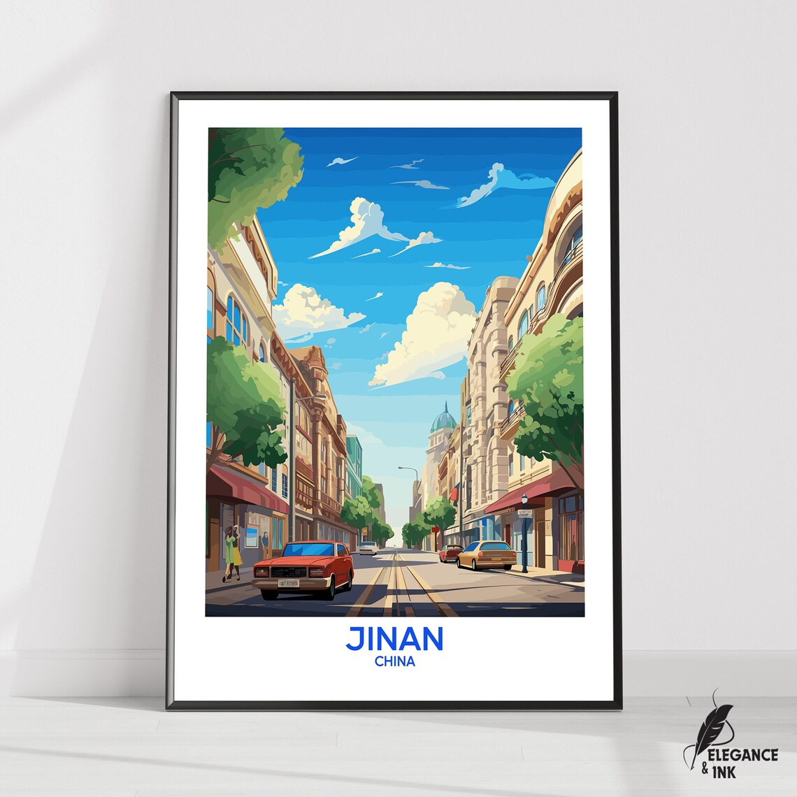 Jinan China Sunny Downtown Street Blue Sky Retro Travel Poster