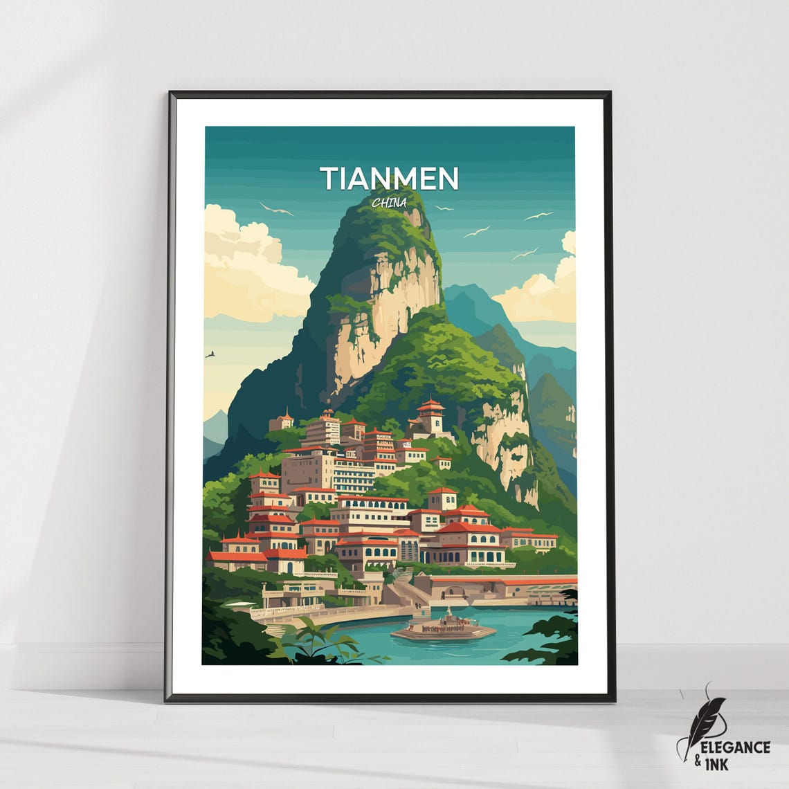 Tianmen China Misty Mountain Town River Scenic Travel Poster