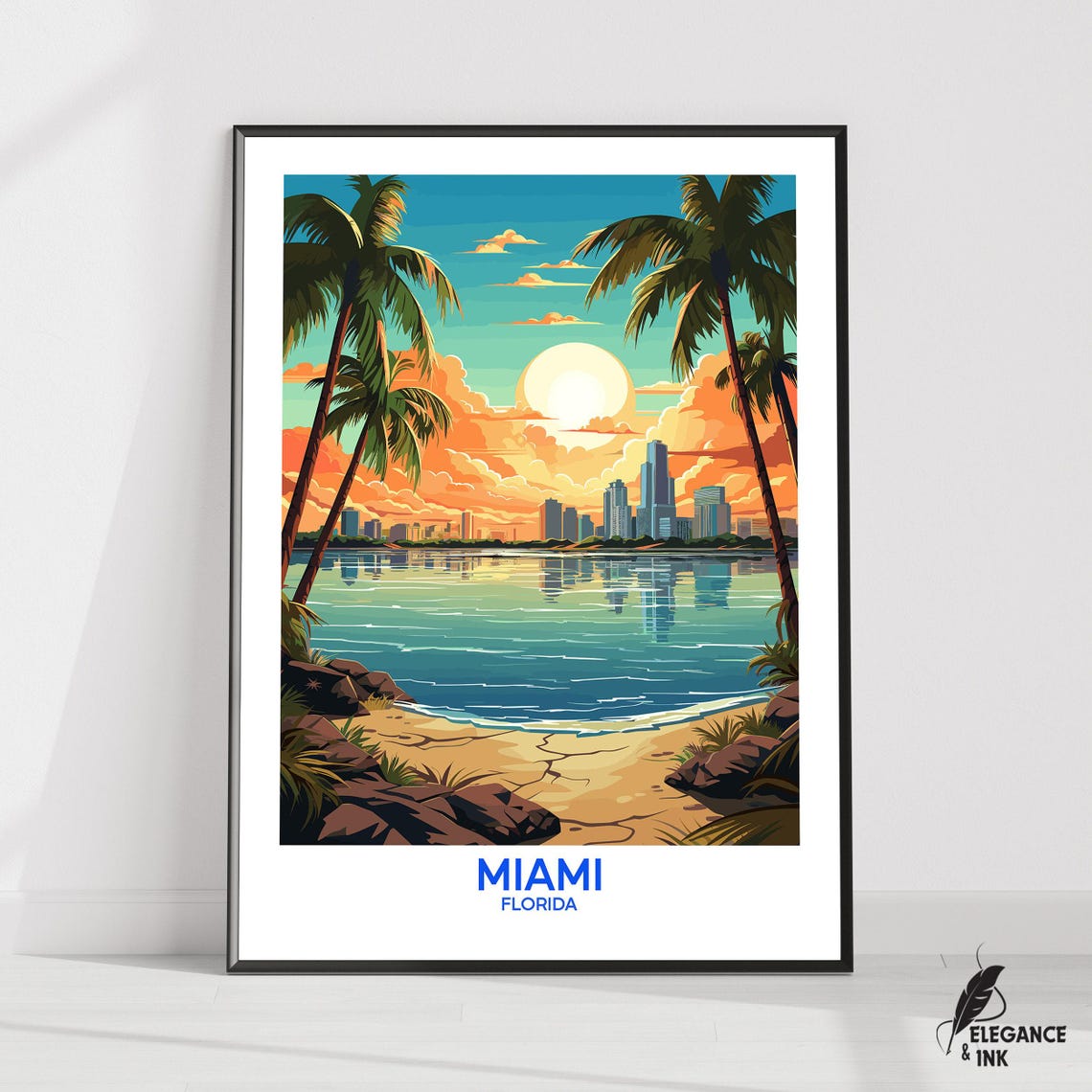 Miami Florida Palm Framed Beach Sunset Skyline Travel Poster