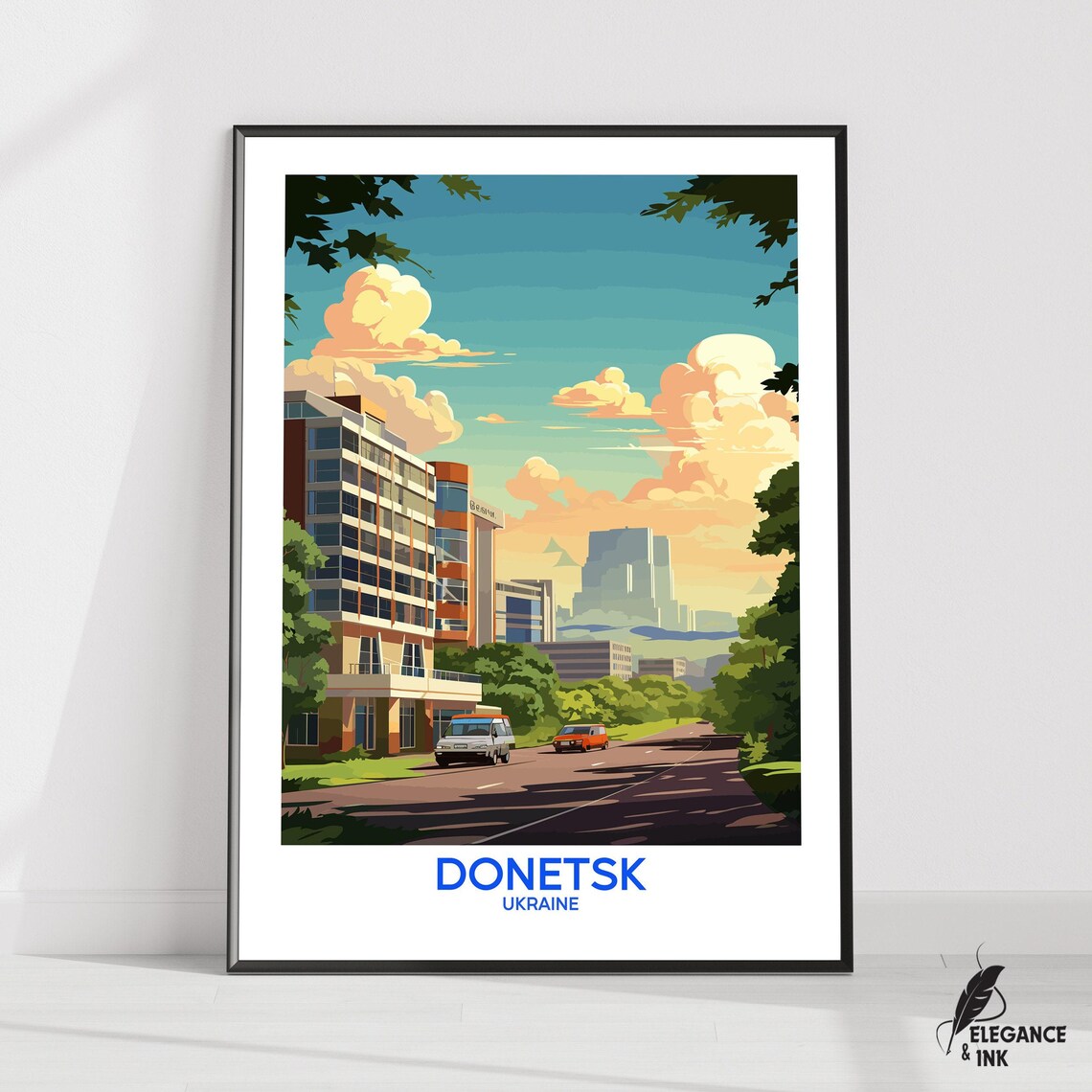 Donetsk Ukraine Sunny Boulevard Cityscape Vintage Travel Poster