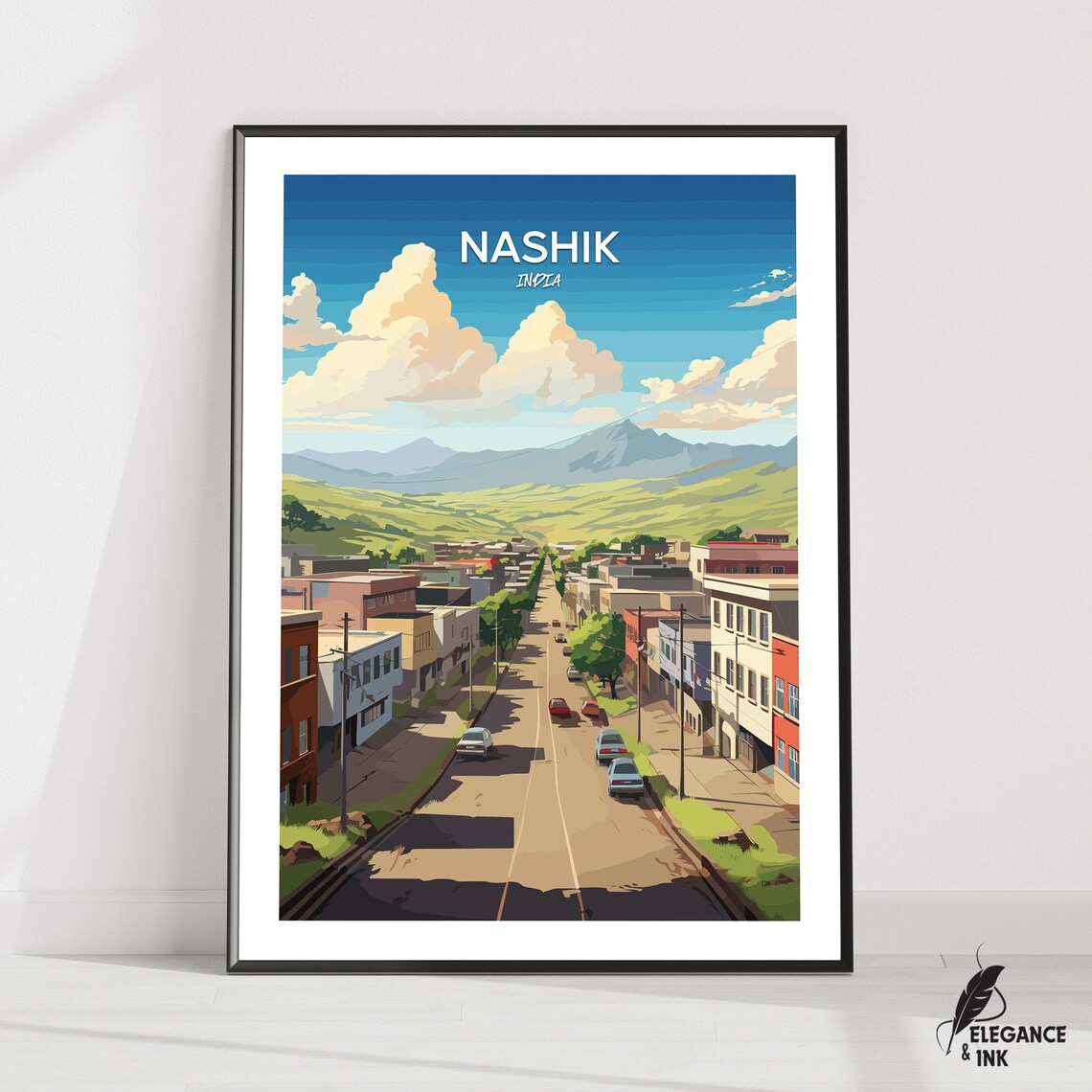 Nashik India Hillside Street Scene Warm Vintage Travel Poster