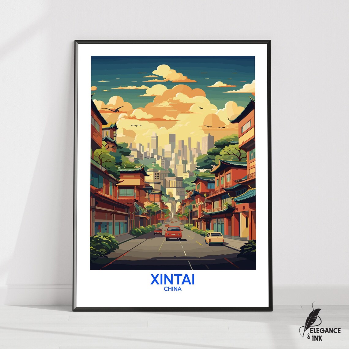 Xintai China Old Street With Pagodas and Red Cars Travel Poster