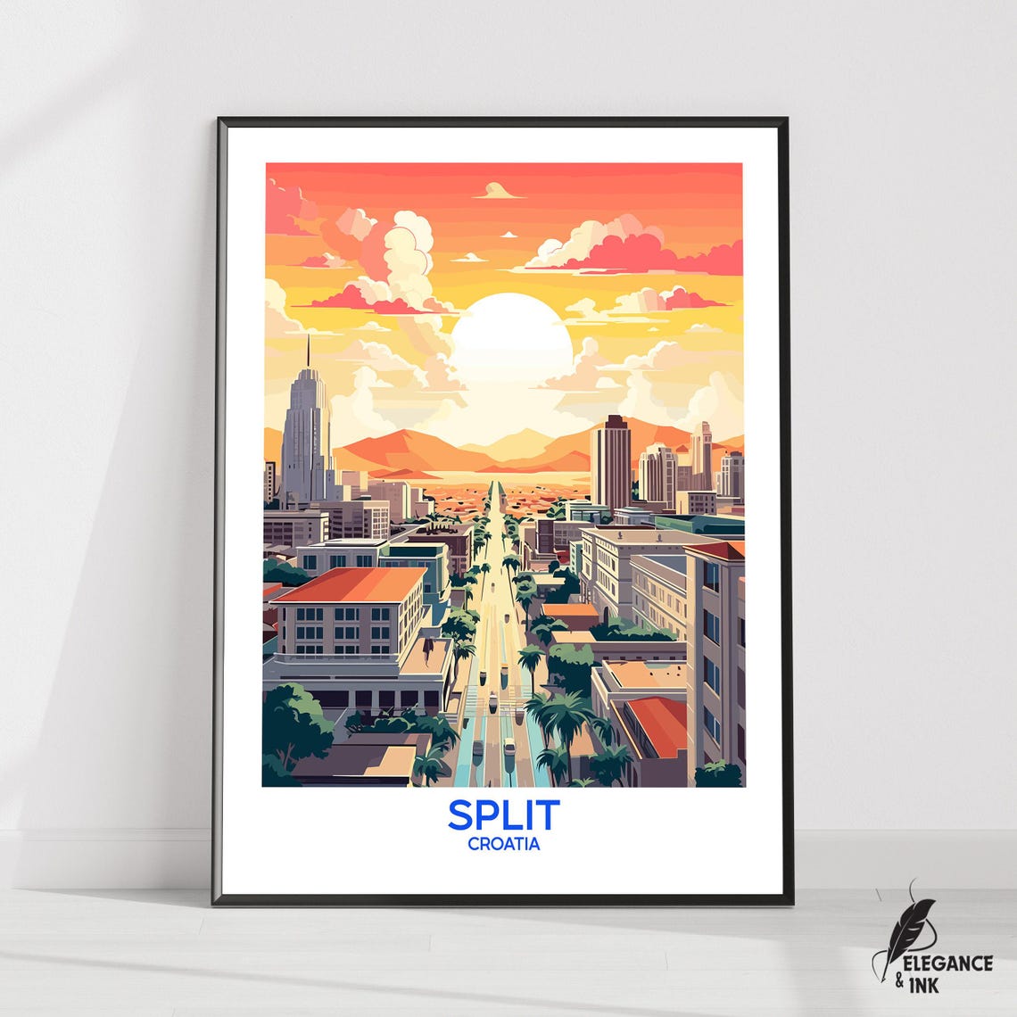 Split Croatia Sunset Cityscape Retro Travel Poster With Text Art