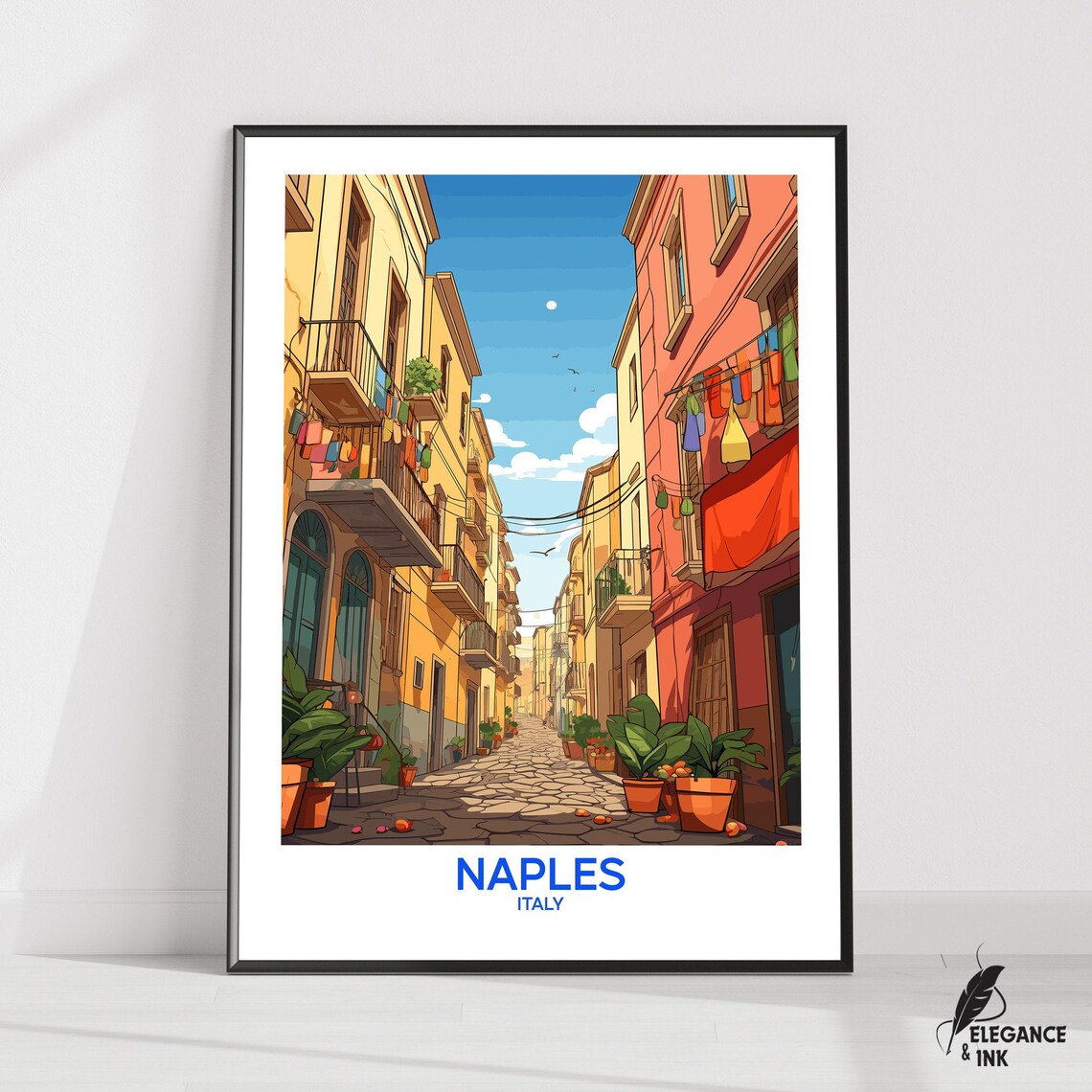 Naples Italy Sunlit Old Town Alleyway Vintage Style Travel Poster