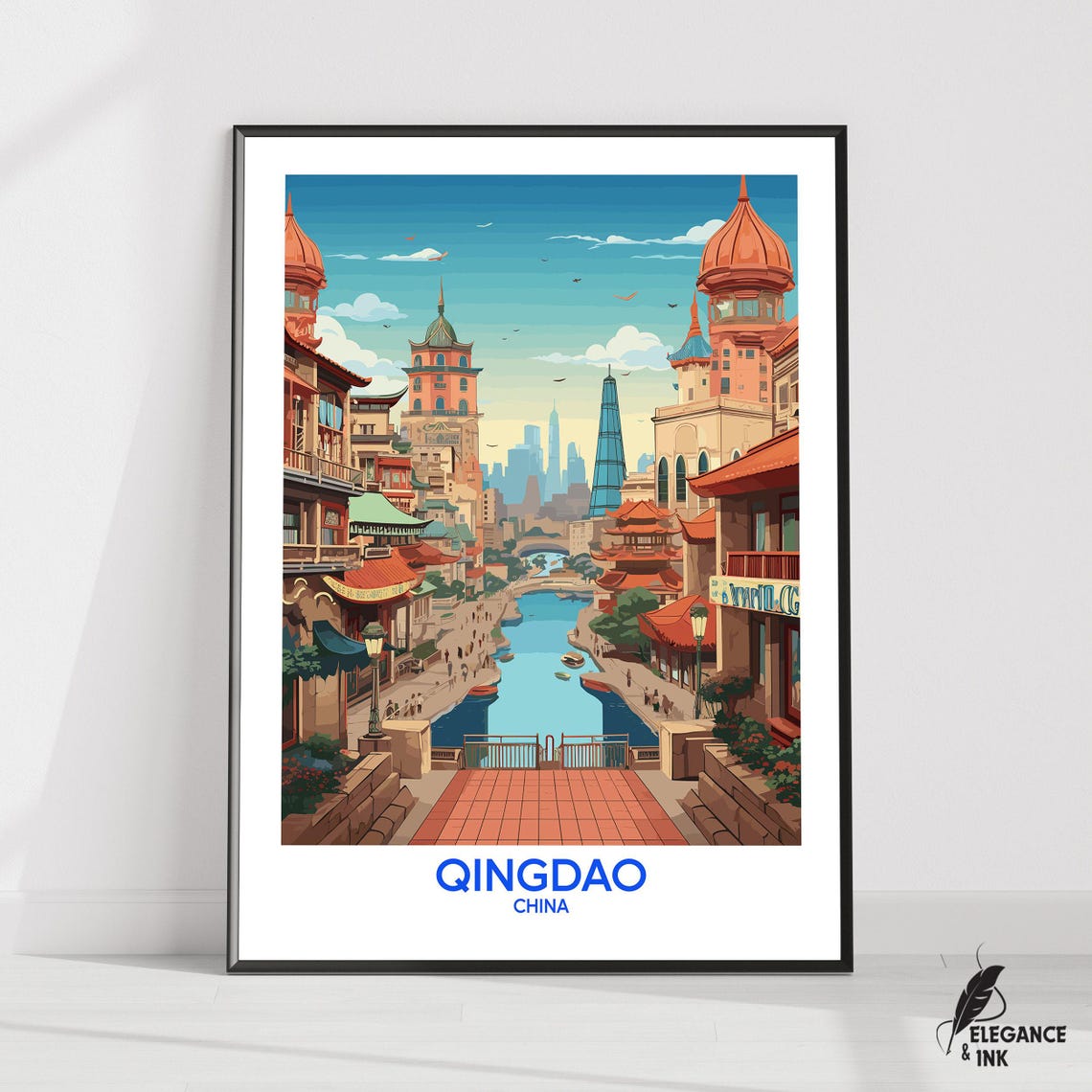 Qingdao China Harbor Waterfront Rooftops Illustrated Travel Poster