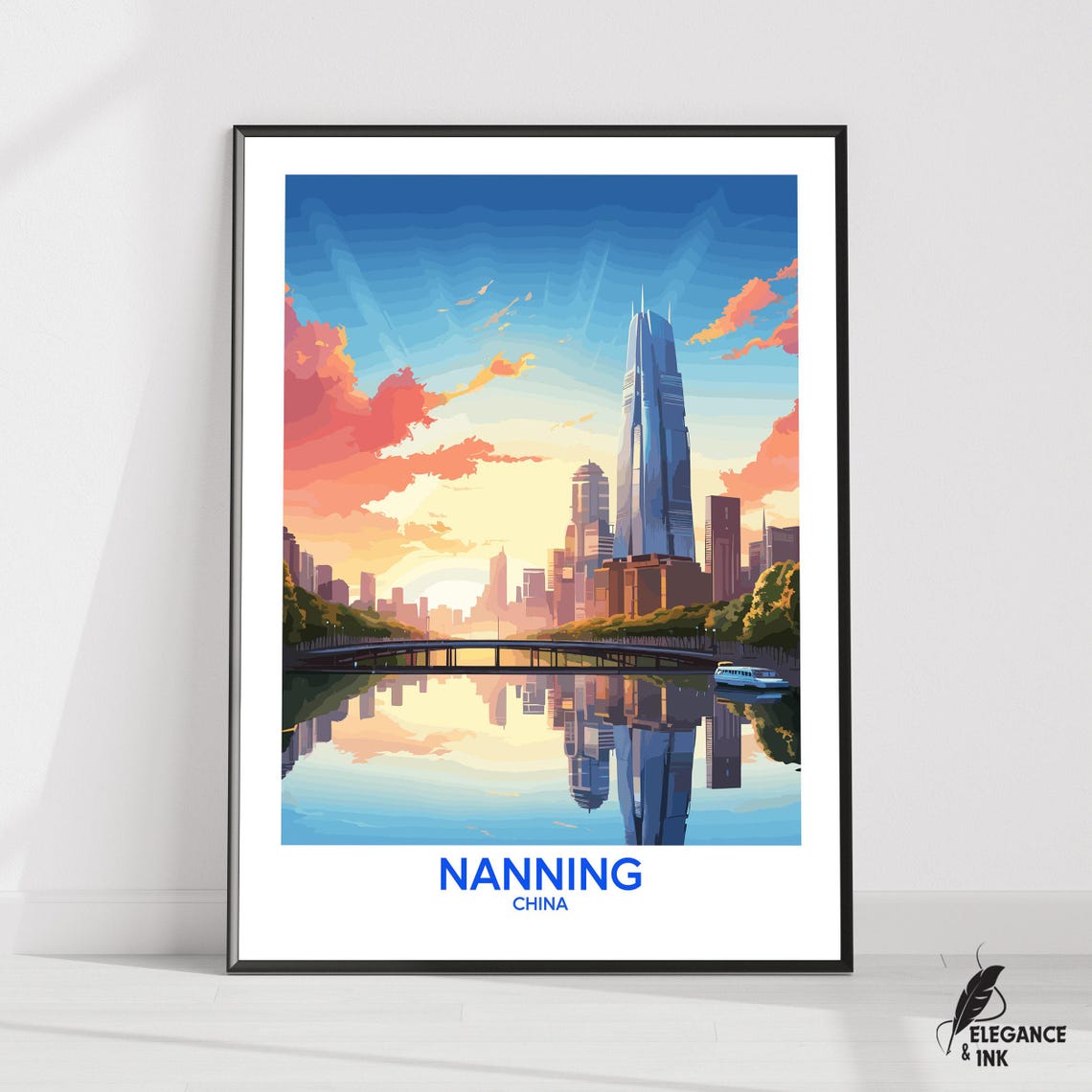 Nanning China Skyline River Sunset Reflections Travel Poster