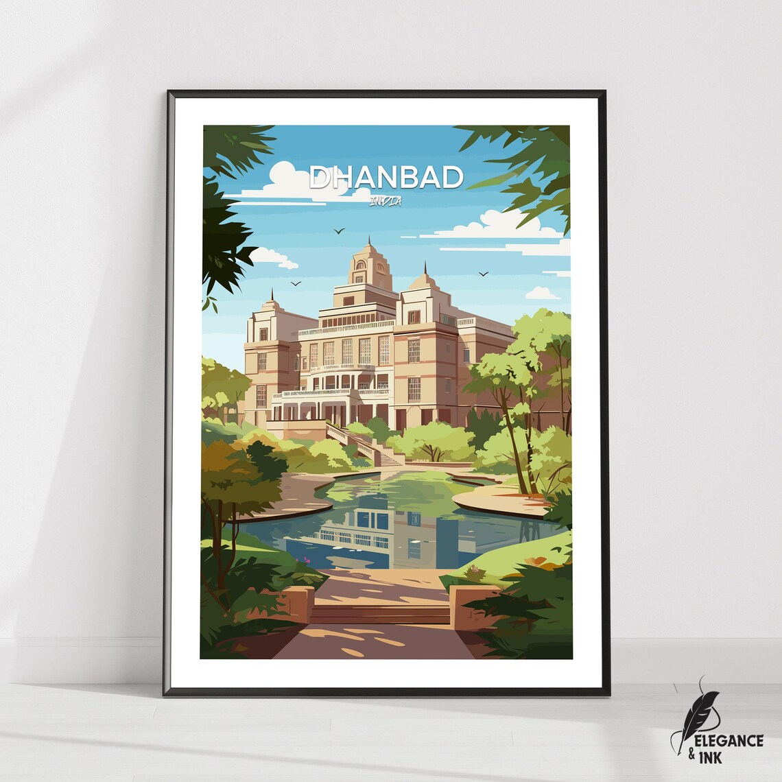 Dhanbad India Palace Garden Pond Top Title Vintage Travel Poster