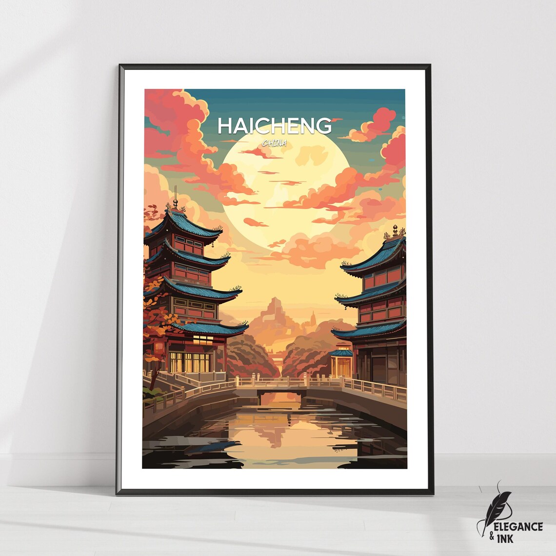 Haicheng China Sunset Pagodas and Stone Bridge Vintage Travel Poster