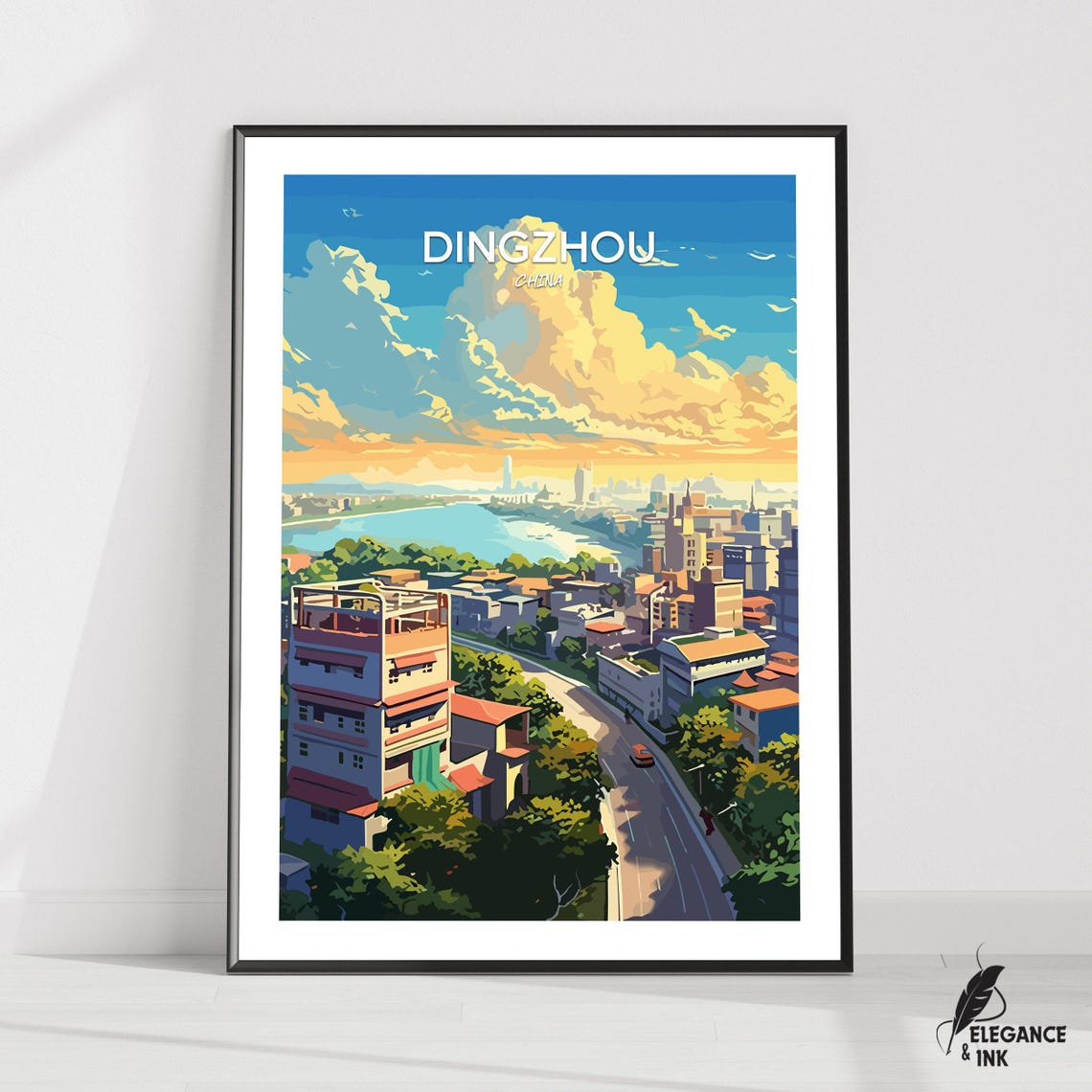 Dingzhou China Skyline Poster With White Script Lettering in the Sky