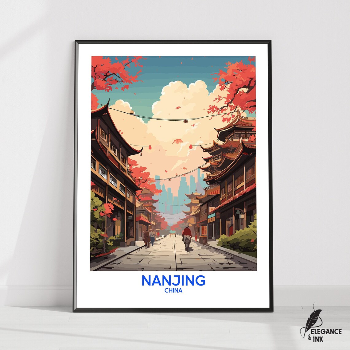 Nanjing China Autumn Lantern Old Street Illustrated Travel Poster