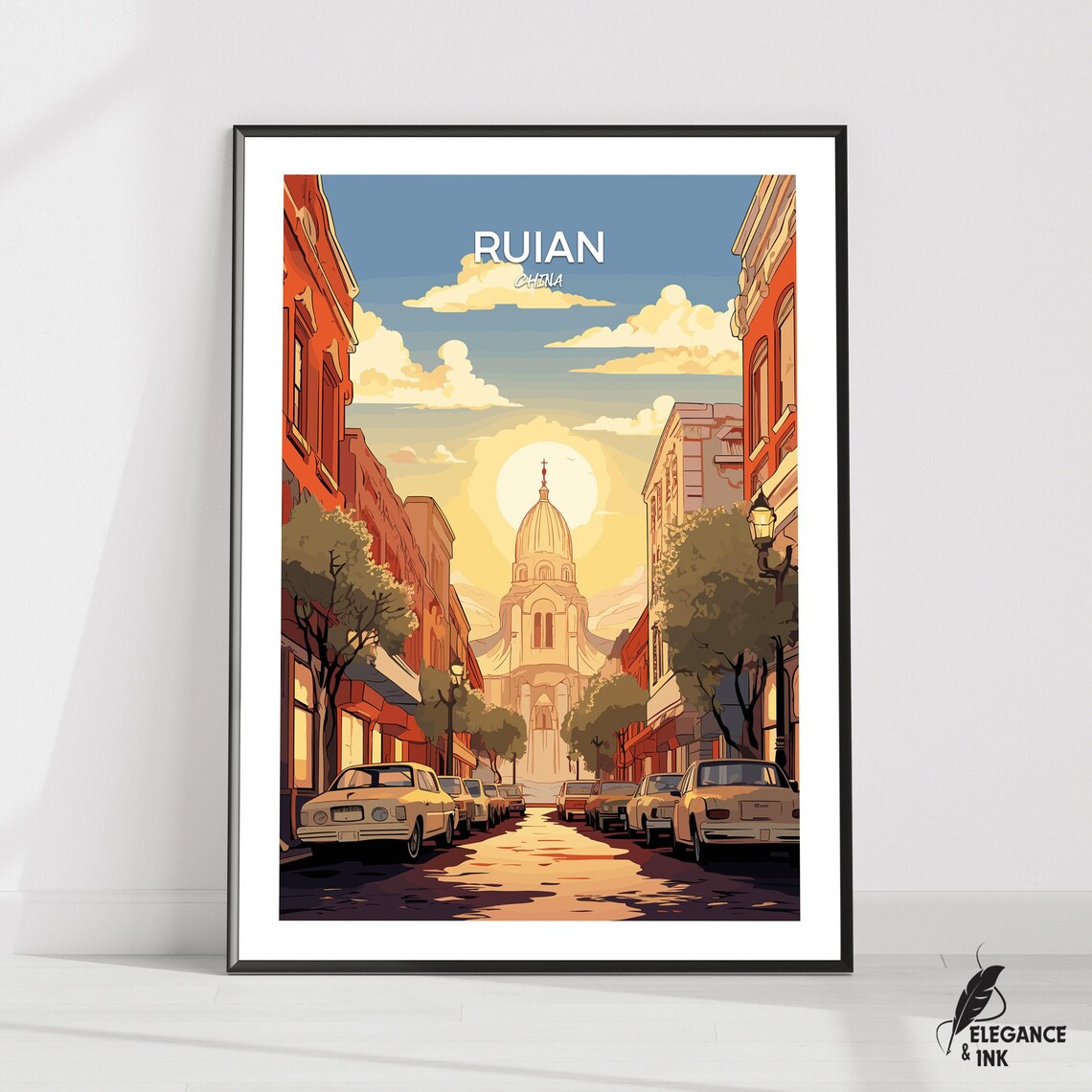Ruian China Cathedral Dome Sunset Street Vintage Travel Poster