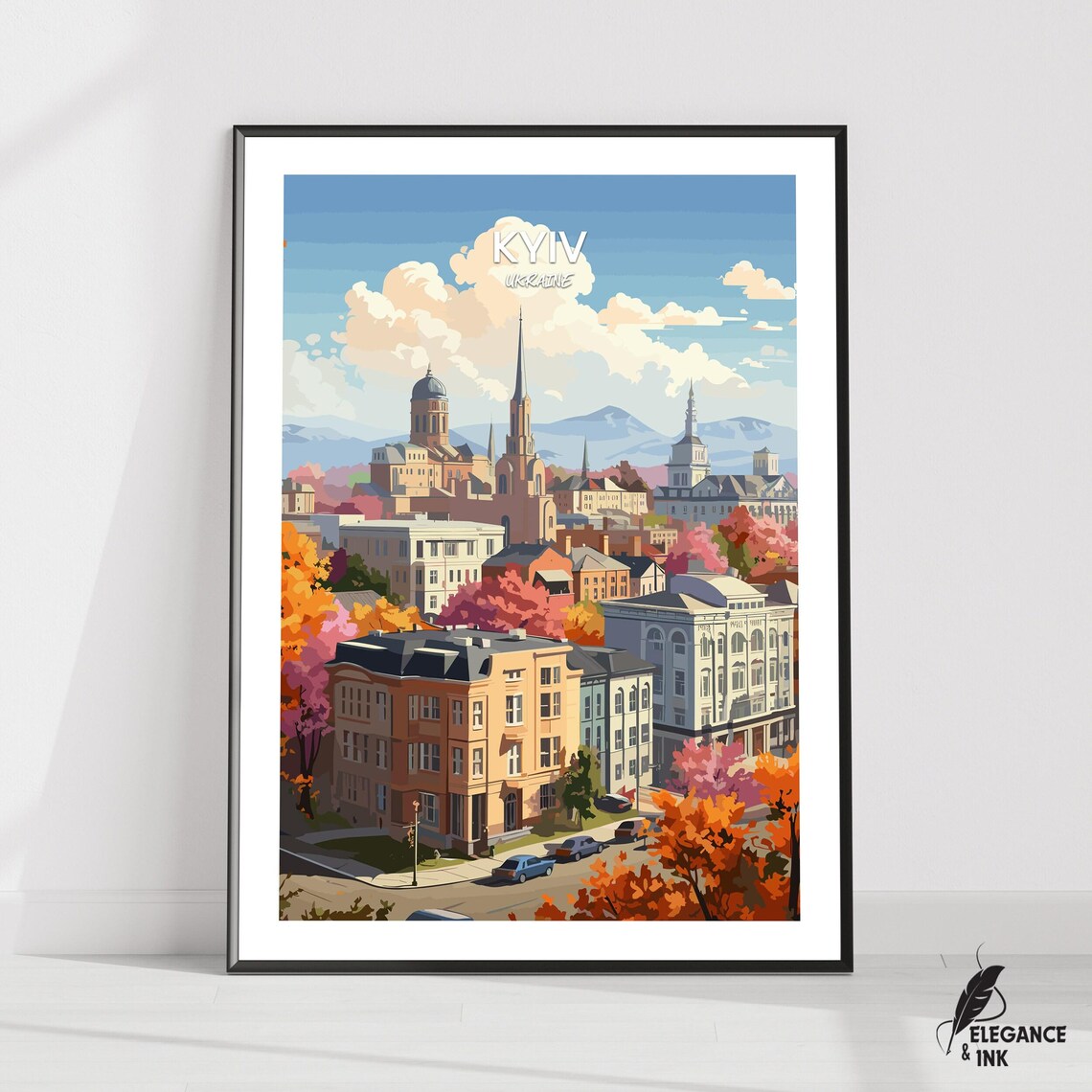 Kyiv Ukraine Travel Poster Autumn City View with Church Spires