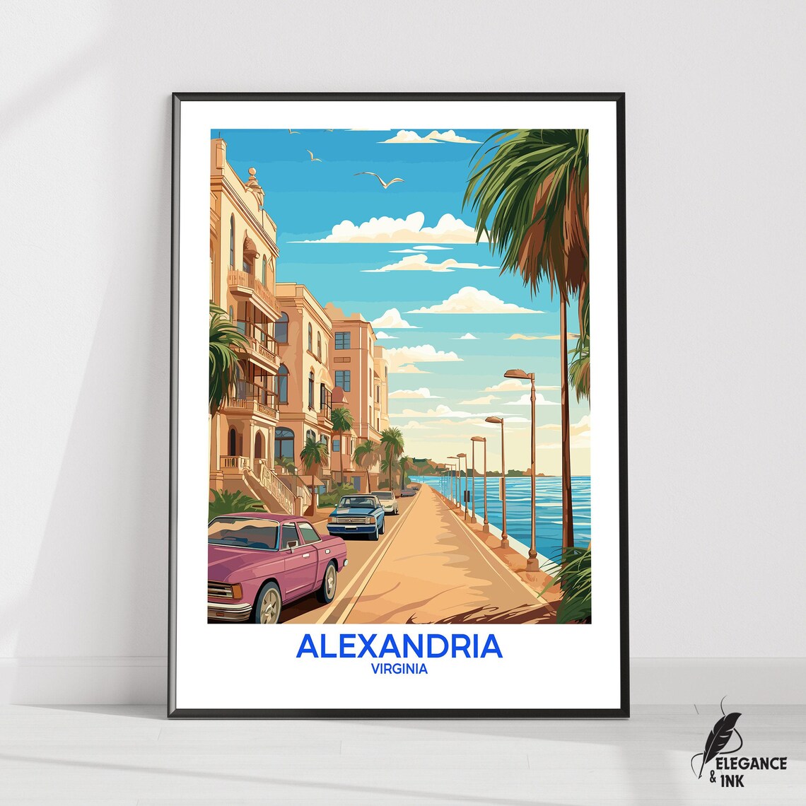 Alexandria Virginia Waterfront Marina Illustrated Scenic Travel Poster