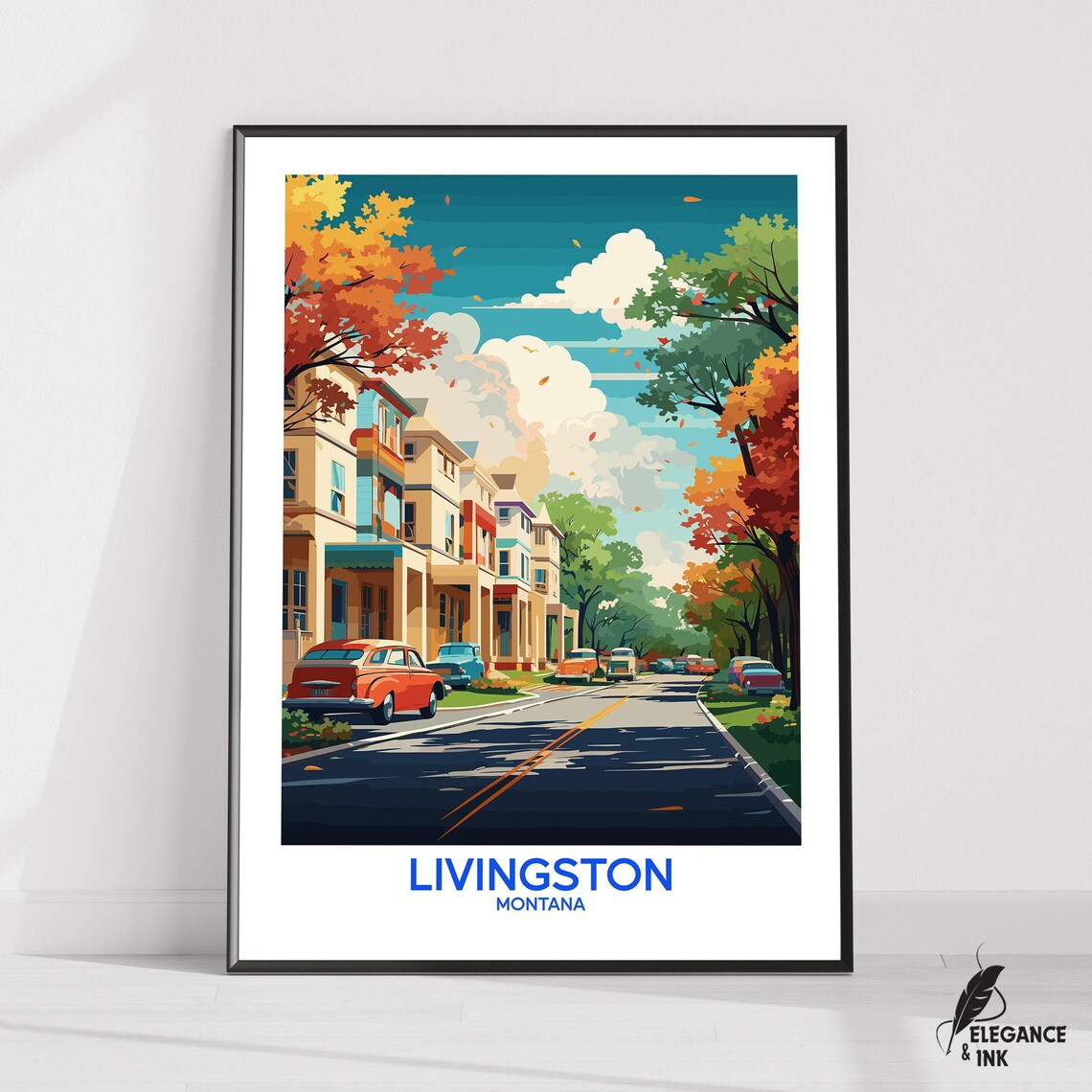 Livingston Montana Autumn Street Illustration Poster with Bold Title